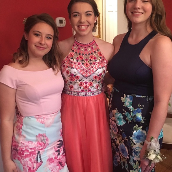 Morilee Madeline Gardner Coral Halter Prom Dress - Picture 3 of 3